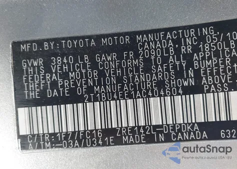 2010 Toyota Corolla Le из США, поврежденный, VIN 2T1BU4EE1AC404604